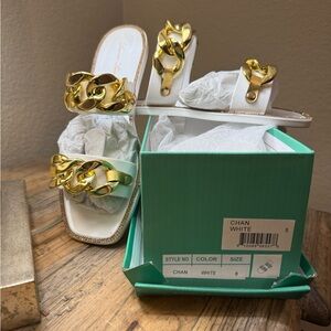 Lauren Lorainne White and Gold Chain Slide Sandals